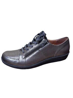 Vionic Abigail Metallic Sneakers Wms 8 Pewter Gray Lace-Up Side Zipper Comfort
